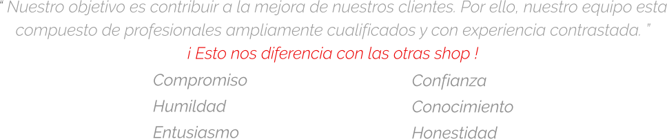 Compromiso Humildad Entusiasmo Confianza Conocimiento Honestidad “ Nuestro objetivo es contribuir a la mejora de nuestros clientes. Por ello, nuestro equipo esta compuesto de profesionales ampliamente cualificados y con experiencia contrastada. ” ¡ Esto nos diferencia con las otras shop !